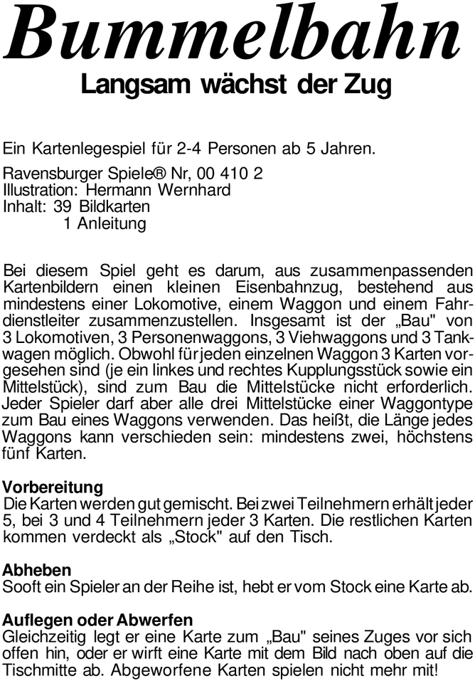 Bummelbahn - Kartenspiel für die ganze Familie