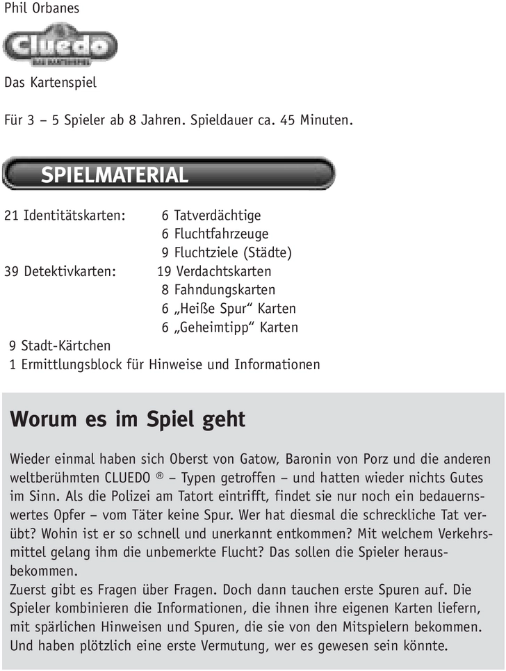 Cluedo Das Kartenspiel Spielanleitung und Regeln