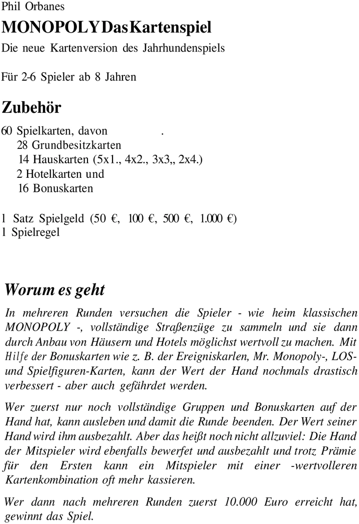 Monopoly Das Kartenspiel Spielanleitung