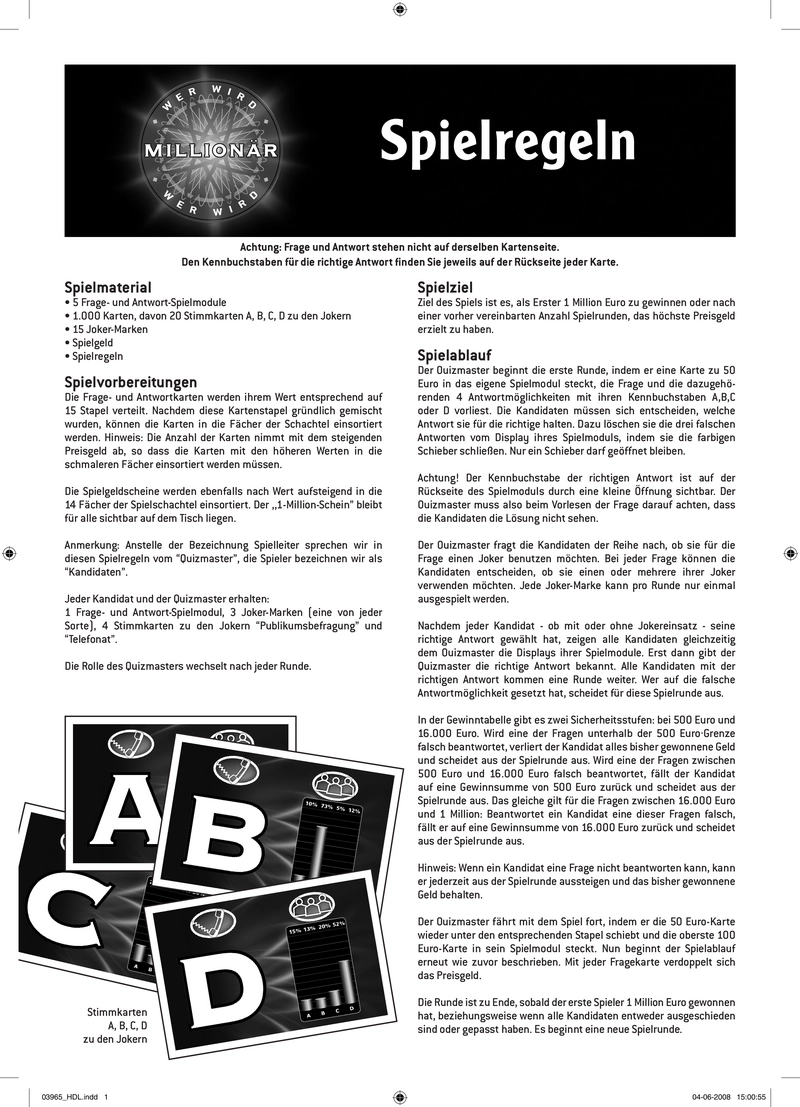 Wer wird Millionär - Spieleanleitung und Regeln für das Quizspiel